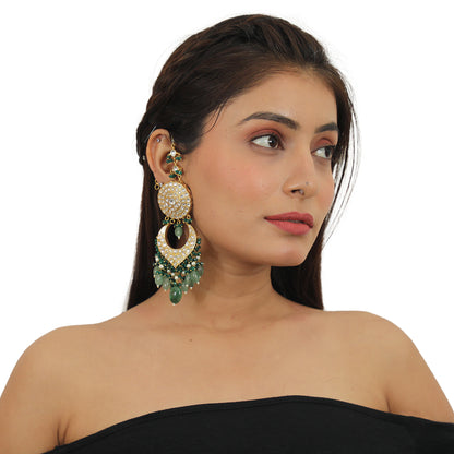 Sea Green Beads And Dark Green  Long Earrings With  Earchain