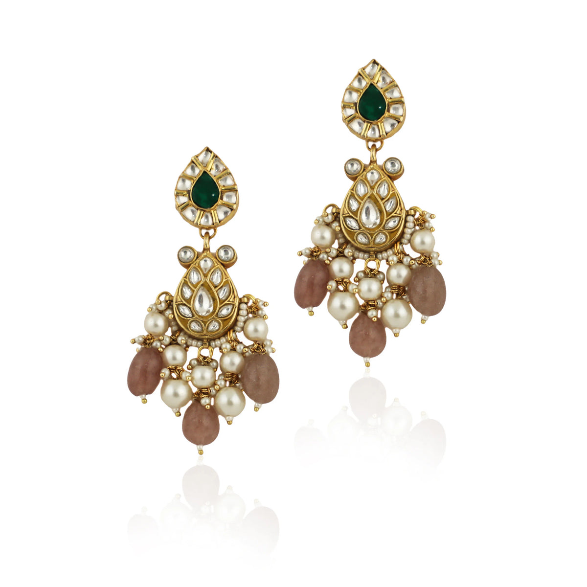 Green Meenawork Earrings With White Pearl And Pastel Pink Beads