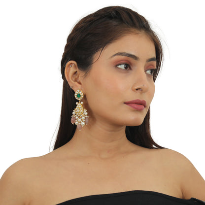 Green Meenawork Earrings With White Pearl And Pastel Pink Beads