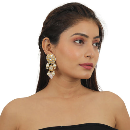 White Stone Earrings With Light Pink Beads And Pearl