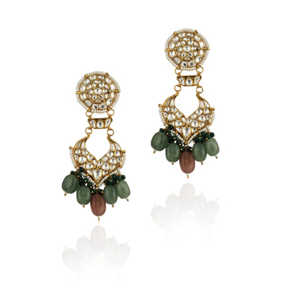 White Jadtar Stone Earrings With Sea Green And Pastel Pink Beads