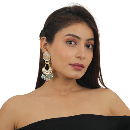 White Jadtar Stone Earrings With Sea Green And Pastel Pink Beads