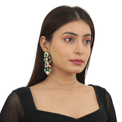Green Meenawork Earrings With White Pearl And Sea Green Beads