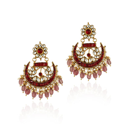 Red Stone With Pink Hangings Chandshape Earrings