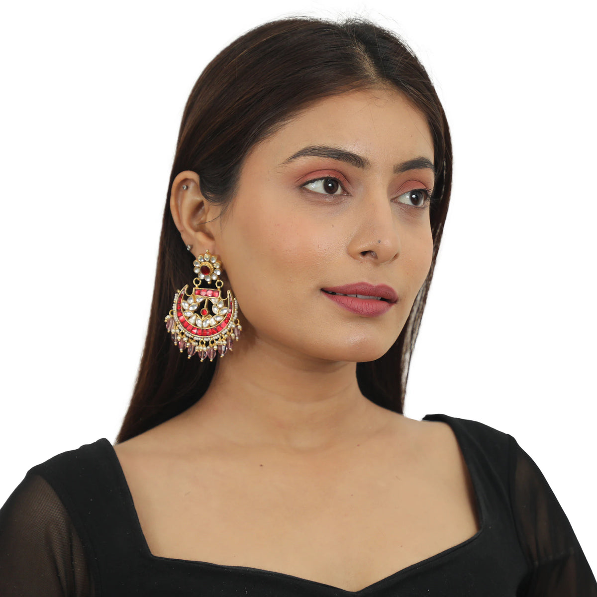 Red Stone With Pink Hangings Chandshape Earrings
