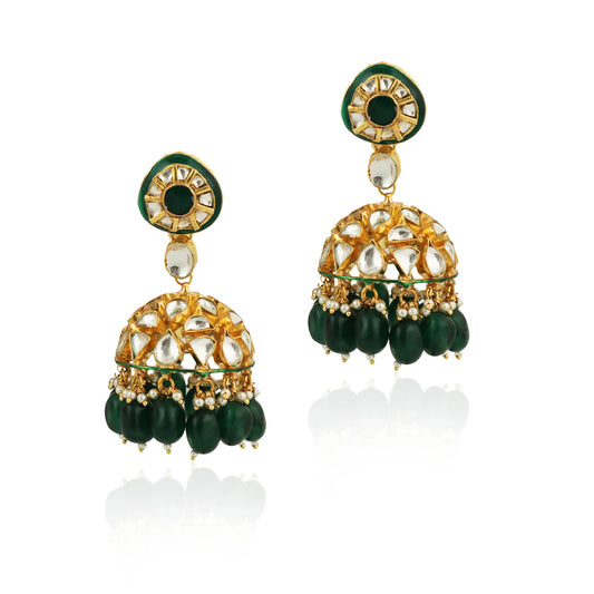 Green Meenawork Jhumki With Green Beads