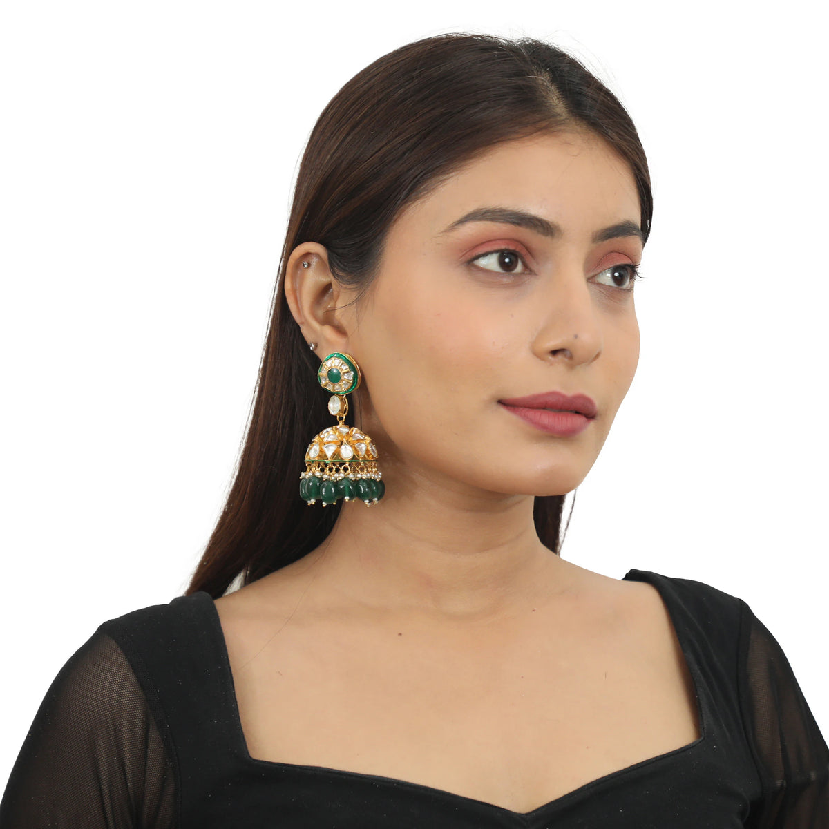 Green Meenawork Jhumki With Green Beads