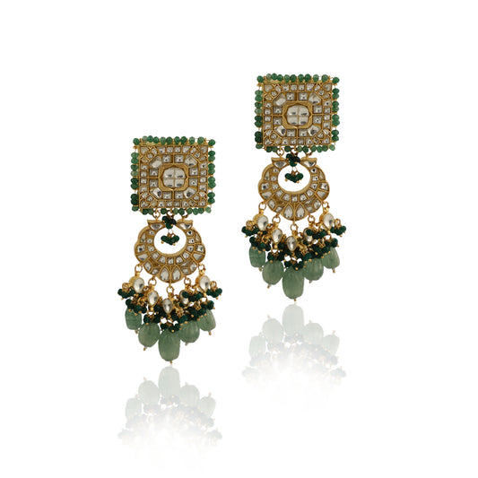 White Jadtar Stone Earrings With Green Moti Work And Sea Green Beads