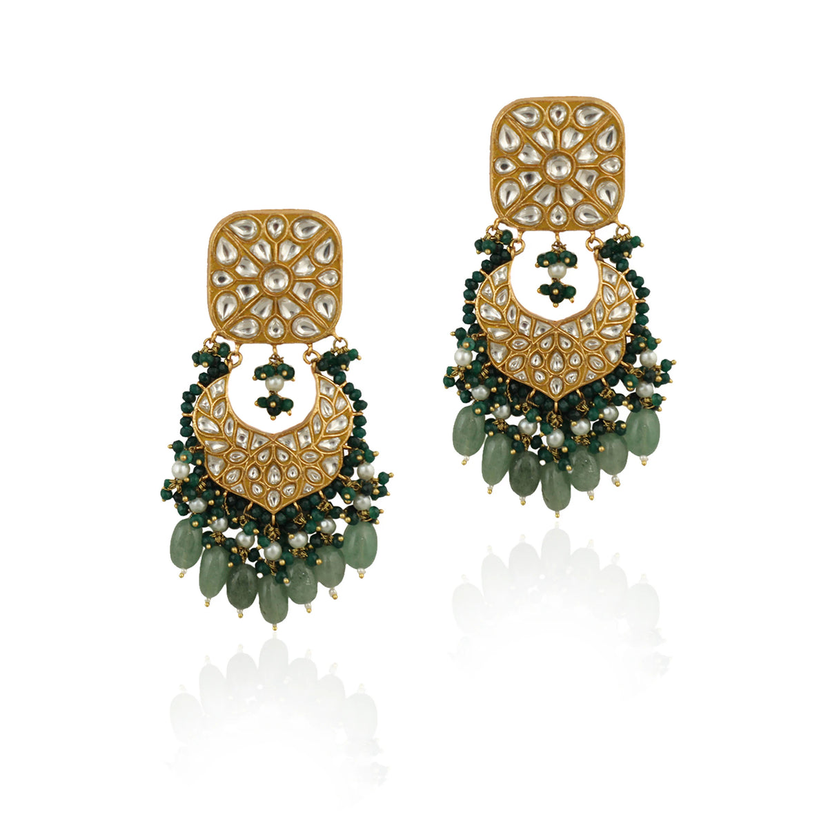 White Jadtar Stones Earrings Dark Green Hangings With Sea Green Beads