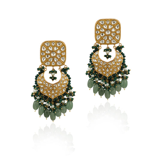 White Jadtar Stones Earrings Dark Green Hangings With Sea Green Beads