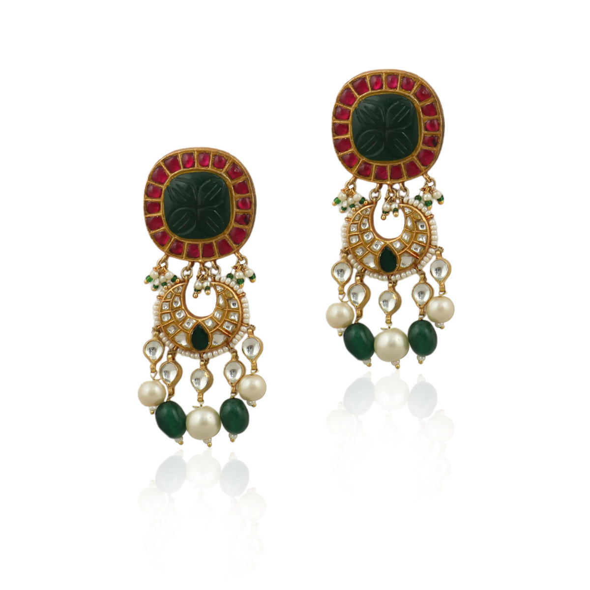Red And Green Heavy Earrings With Pearl