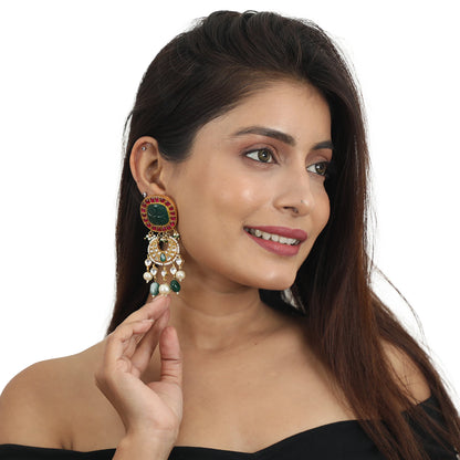 Red And Green Heavy Earrings With Pearl