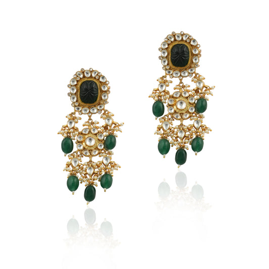 Green And White Heavy Earrings With Green Beads