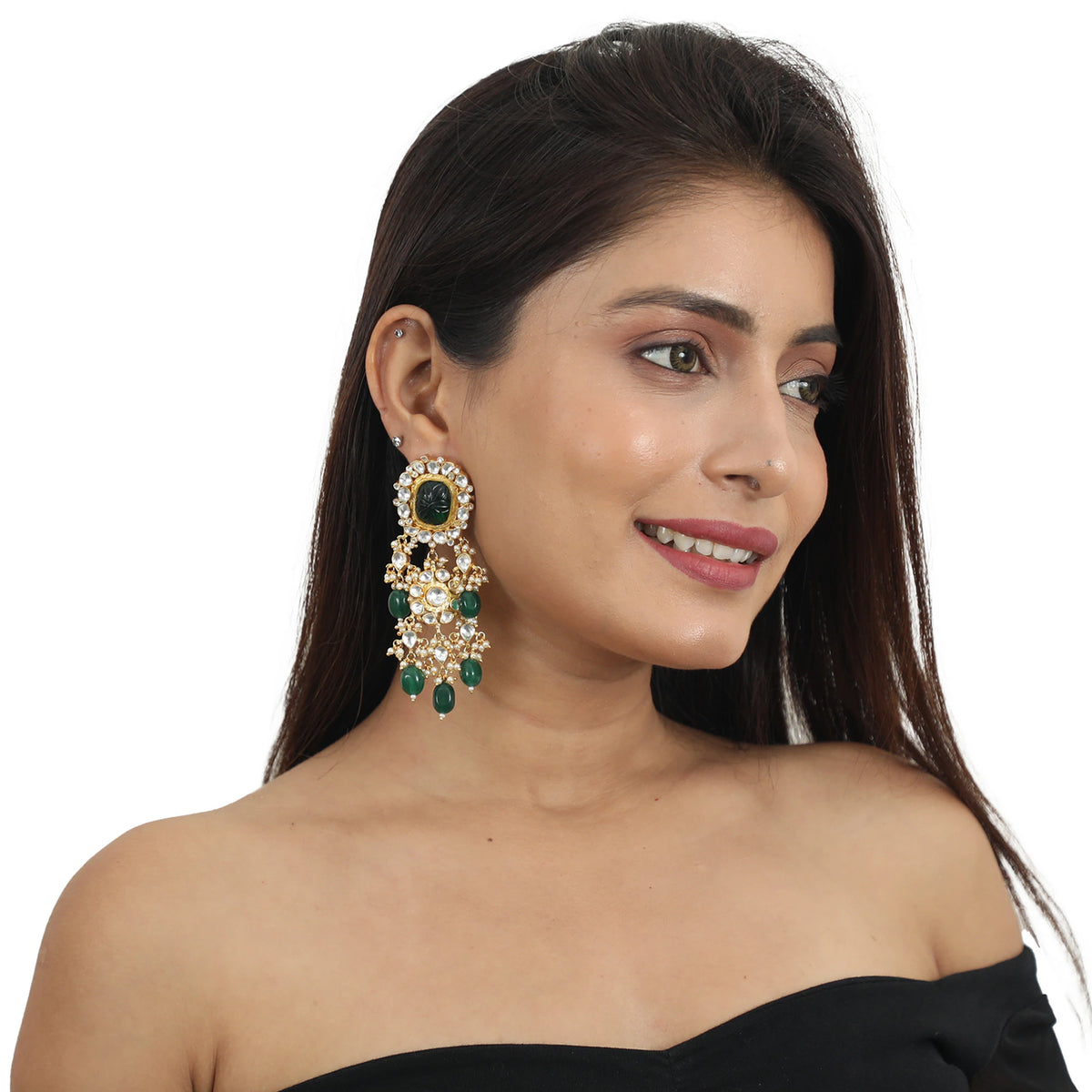 Green And White Heavy Earrings With Green Beads