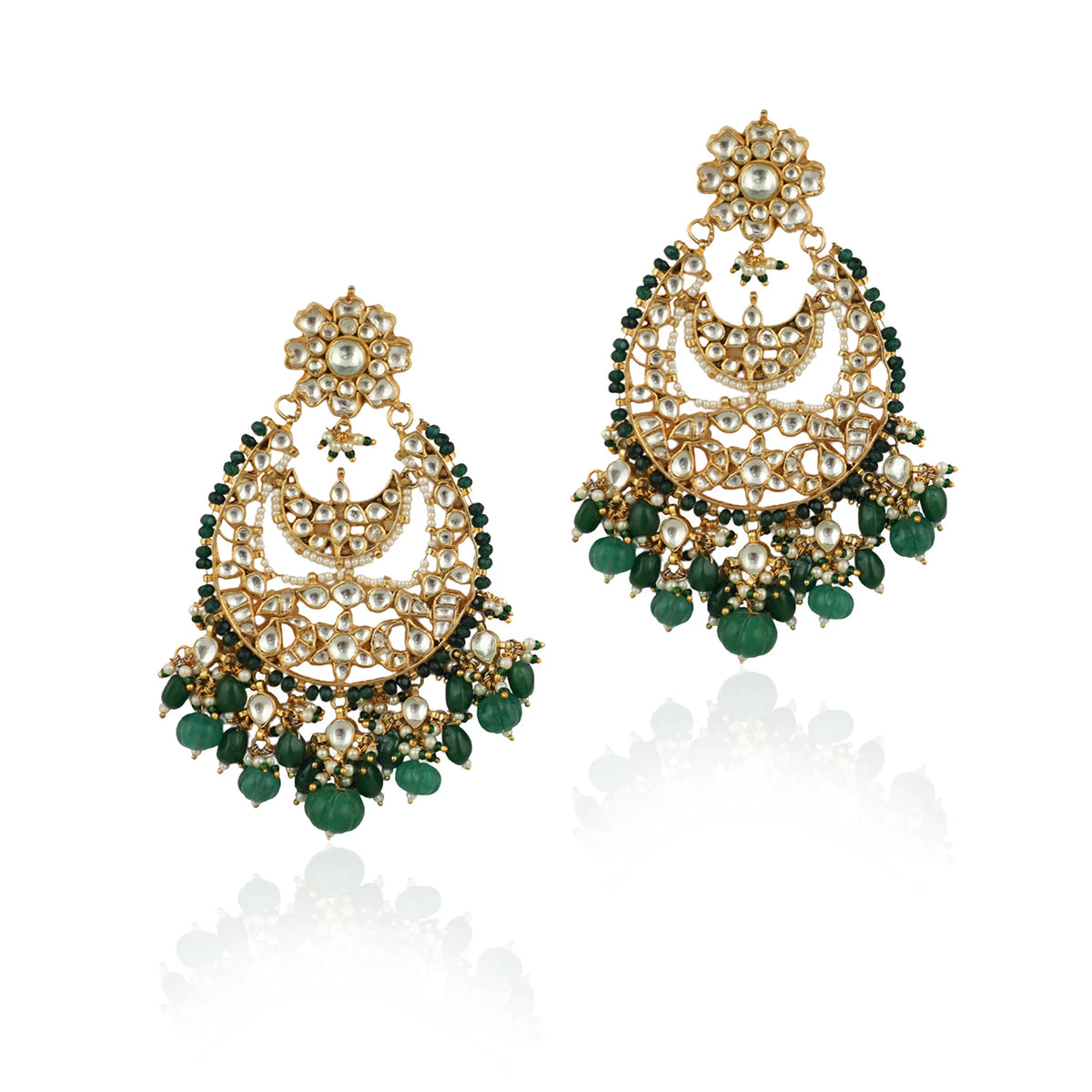 White Big Chand Baali Style Earrings Beadded Green Beads