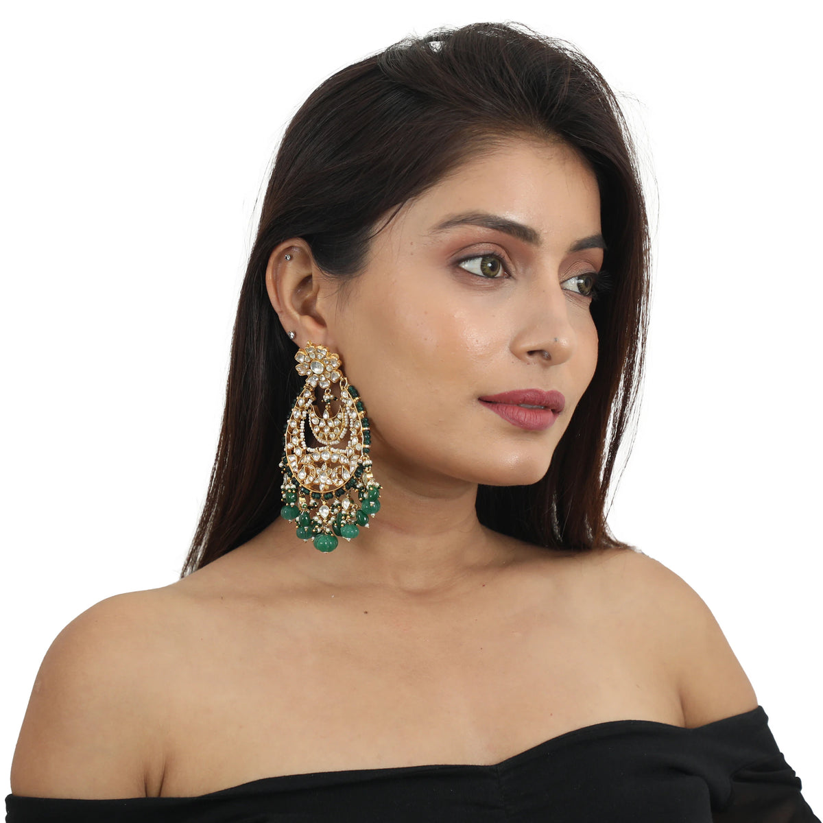 White Big Chand Baali Style Earrings Beadded Green Beads
