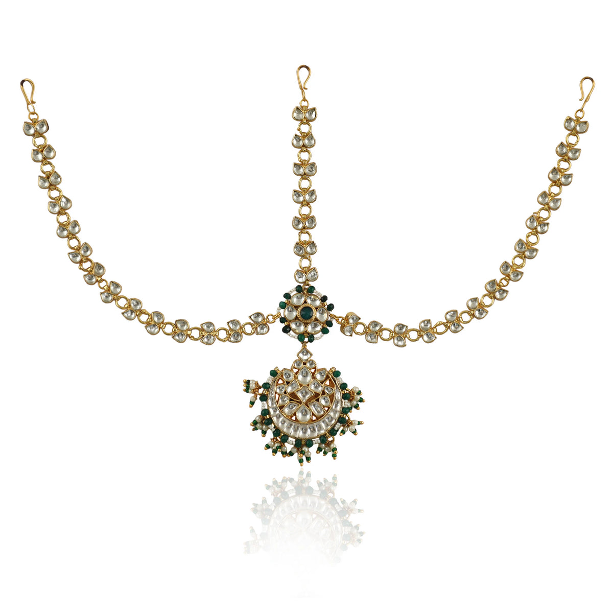 Jadtar Chain Mathapatti With Pearls And Emerald Green Beads