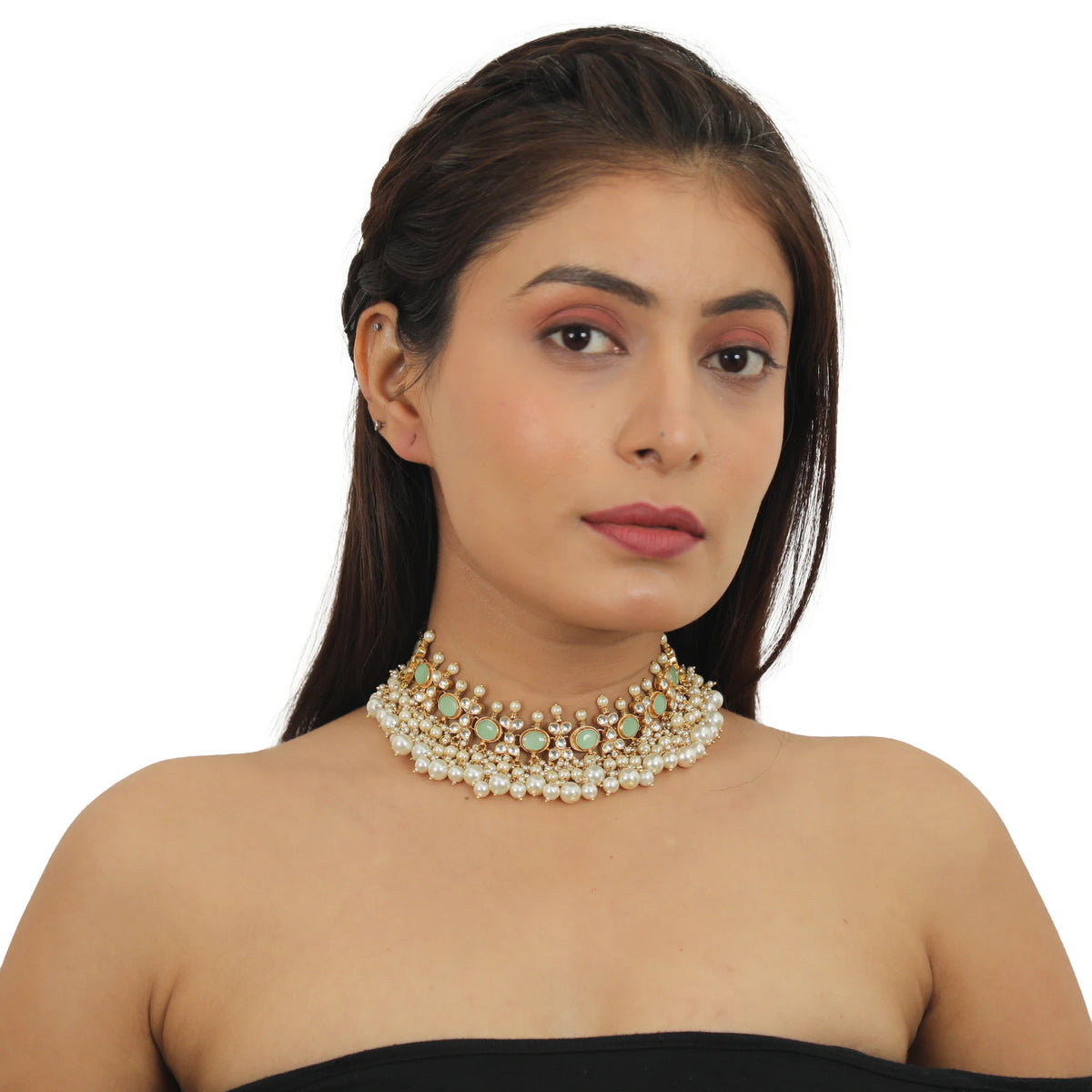 Light Green Choker Set With White Pearl