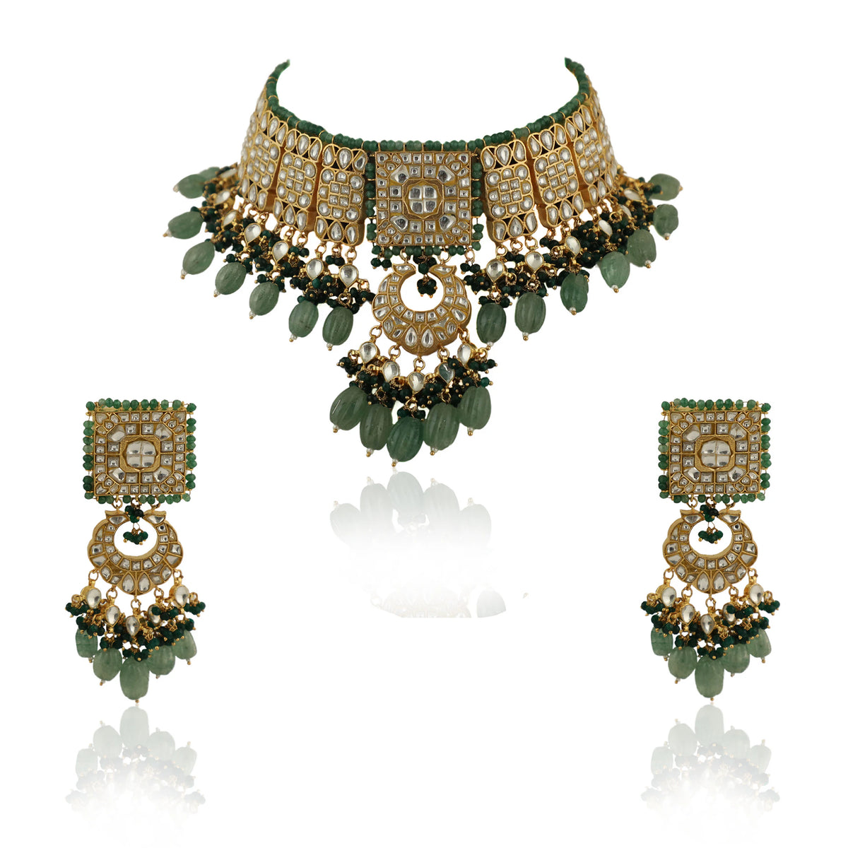 Geomatrical Necklace Set With Earings In Emerald And Sea Green Beads