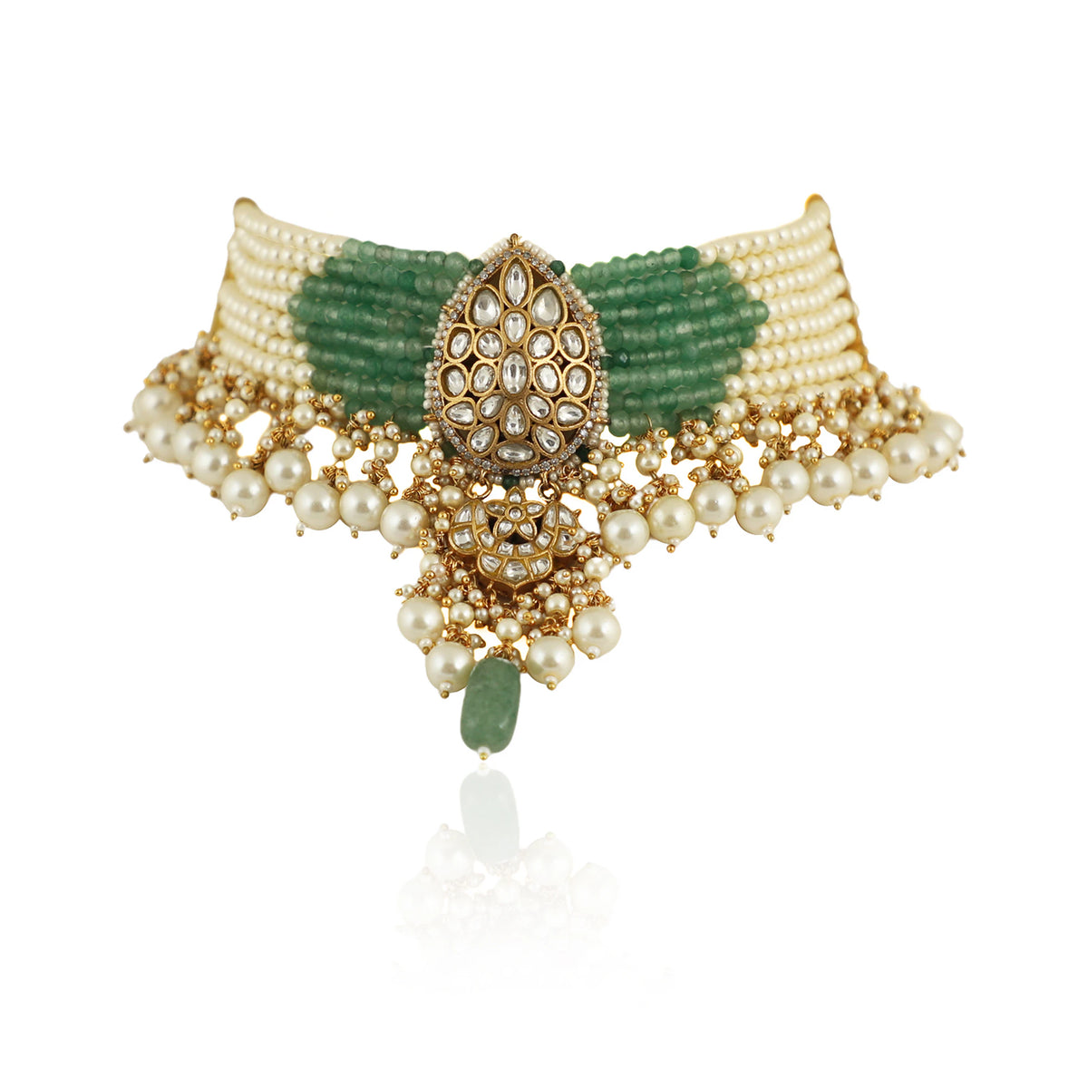 A 22Kt Gold Plated Choker With Its Unique Shape In Sea Green And Pearls