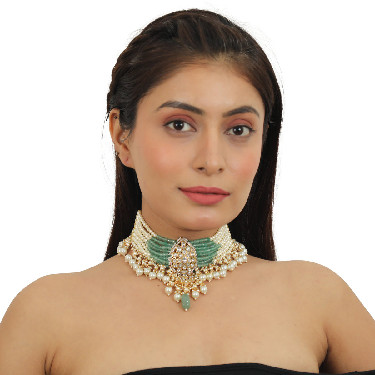A 22Kt Gold Plated Choker With Its Unique Shape In Sea Green And Pearls