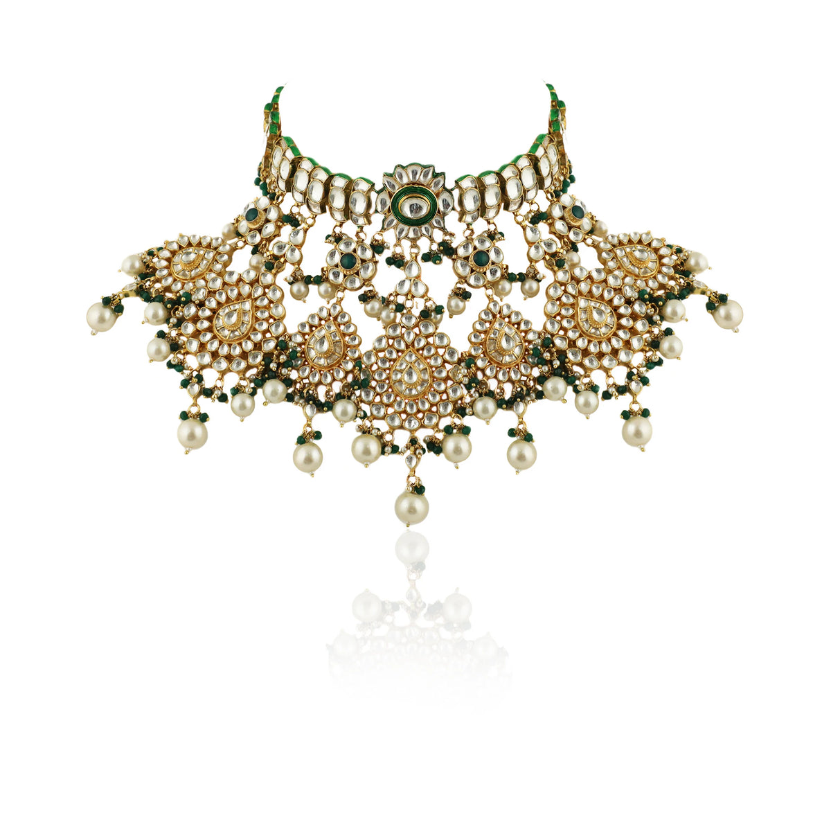 Traditional 22Kt Gold Plated Necklace Set With Pearls And Emerald Beads