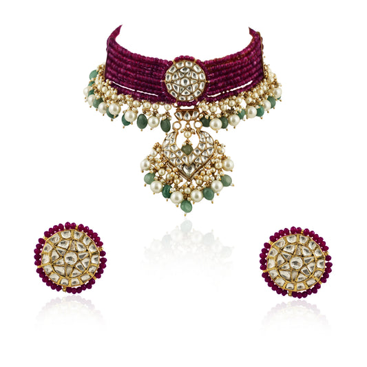 A 22Kt Gold Plated Choker Necklace Set Beaded In Maroon