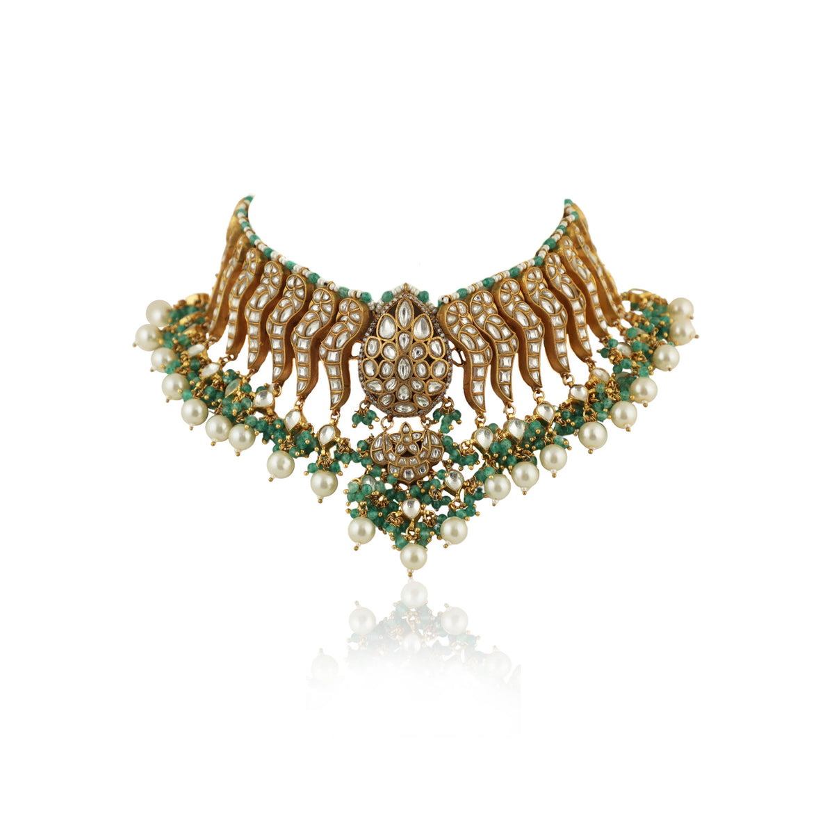 Festive Wear Necklace Set In 22Kt Gold Plating, Carved Uniquely With Sea Green Beads And Pearls
