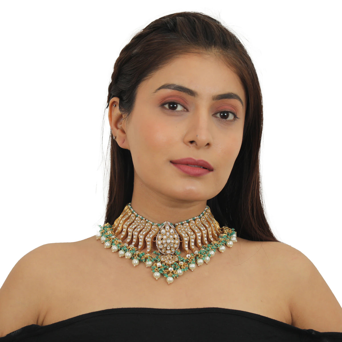Festive Wear Necklace Set In 22Kt Gold Plating, Carved Uniquely With Sea Green Beads And Pearls