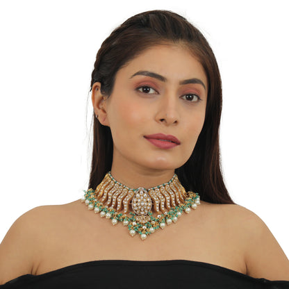 Festive Wear Necklace Set In 22Kt Gold Plating, Carved Uniquely With Sea Green Beads And Pearls