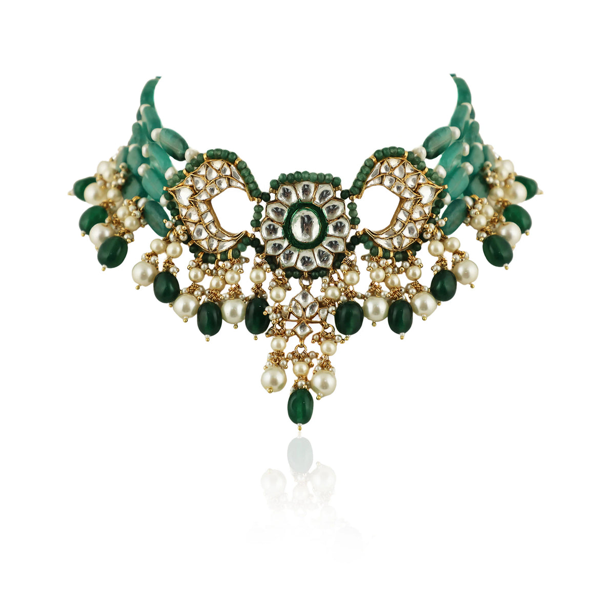 Sea Green And White  With Green Beads Choker Set
