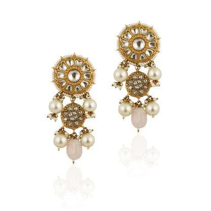 Necklace In 22Kt Gold Plating Studded With White Jadtar Stones And Beaded In Pastel Pink And White Beads