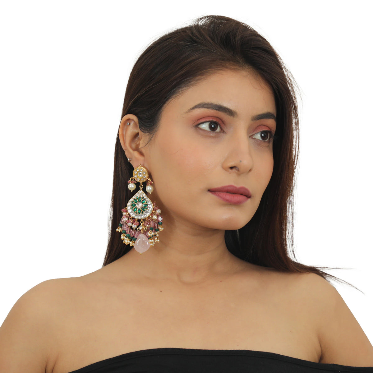 White And Green Stone Choker Set  With Green Moti Work Beadded Light Pink Beads