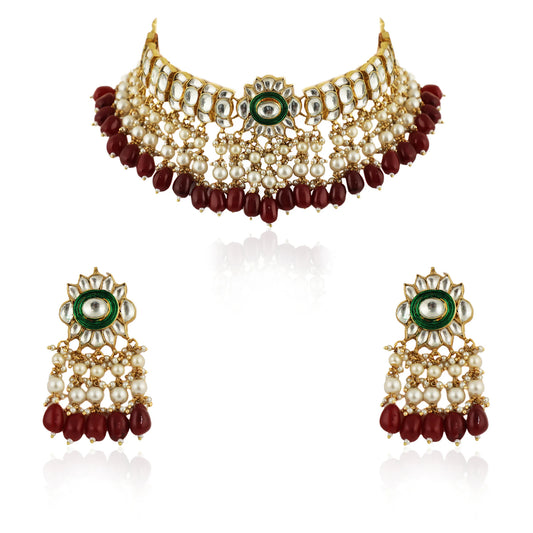 Gold plated choker set with white pearl