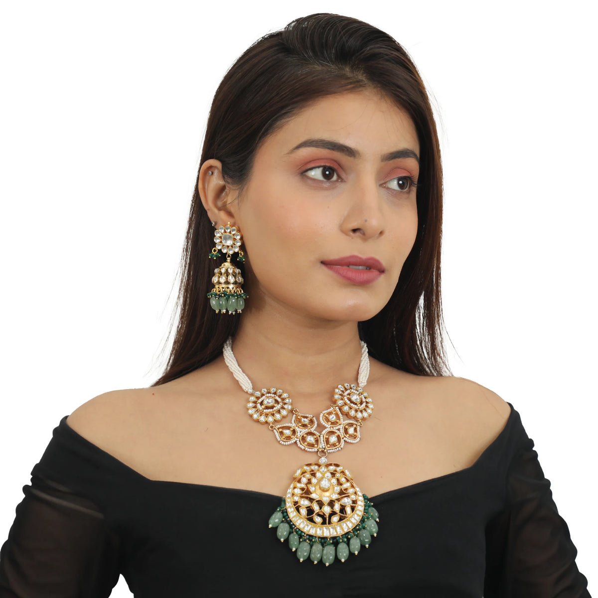 Sea Green Beads White Long Necklace Set
