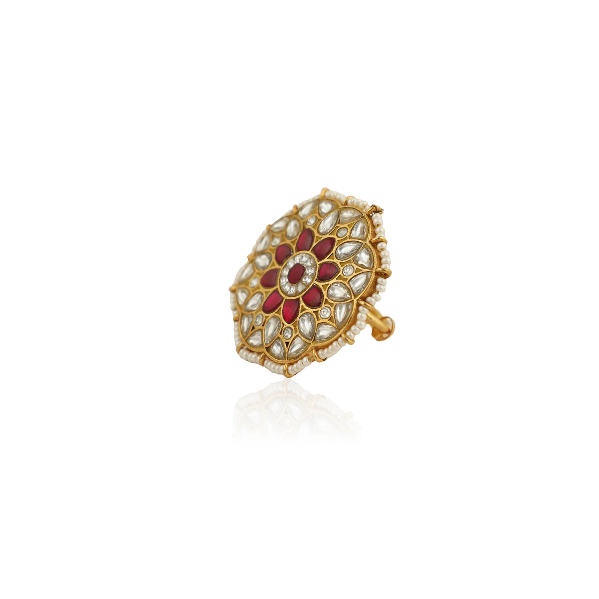 Floral Traditional Ring Studded With Pink And White Stones
