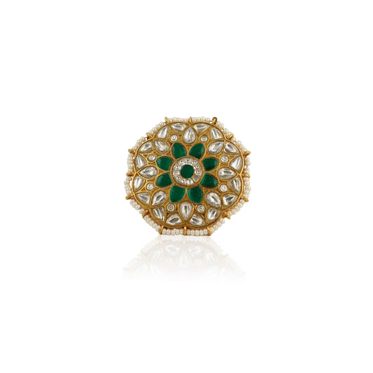 Floral Traditional Ring Studded With Green And White Stones