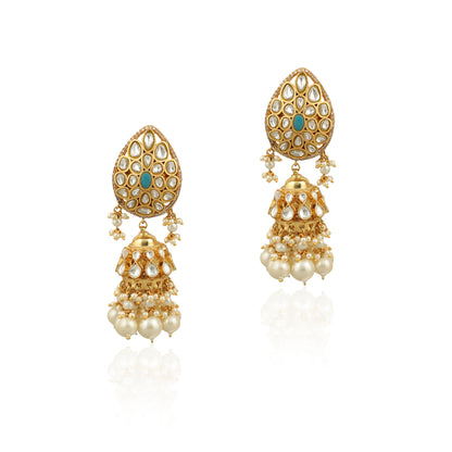 White And Firozi Stone Earrings With Pearls