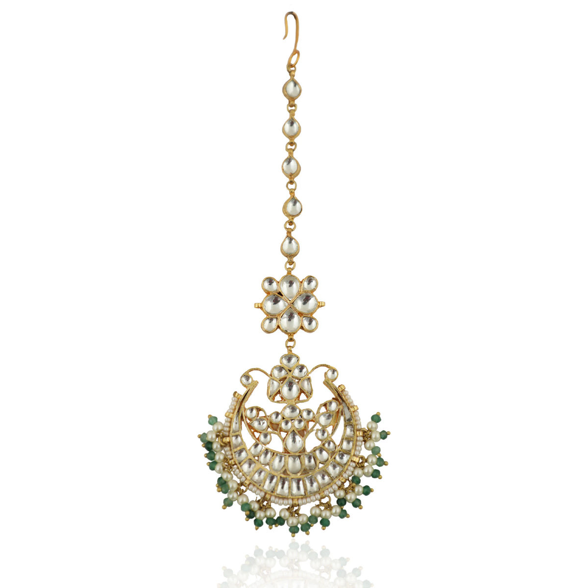 White Stone Tikaa With Sea Green Hangings