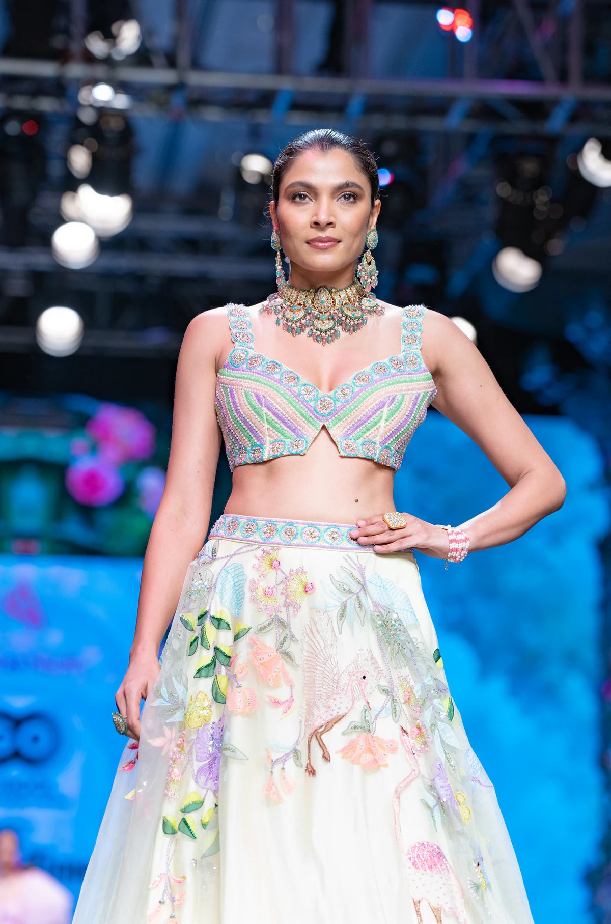 Fushion Necklace With A Touch Of Pastel Colours As Well As Firozi Blue Studded With White Jadtar Stones5