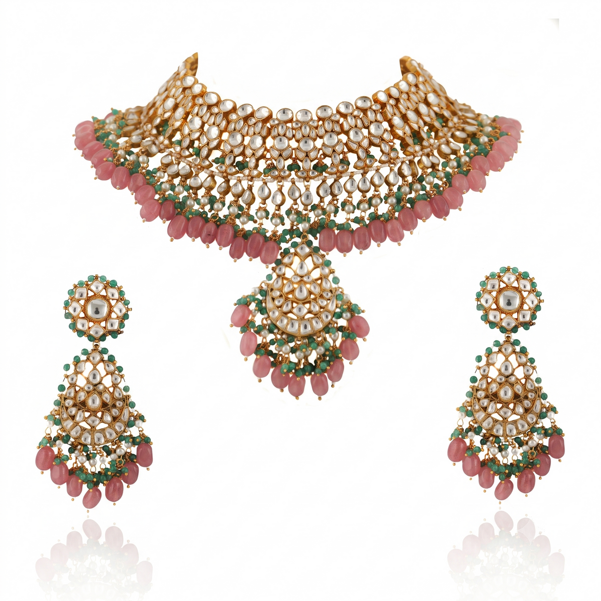 White Jadtar Stone With Pastel Pink & Green Heavy Bridal Necklace Set