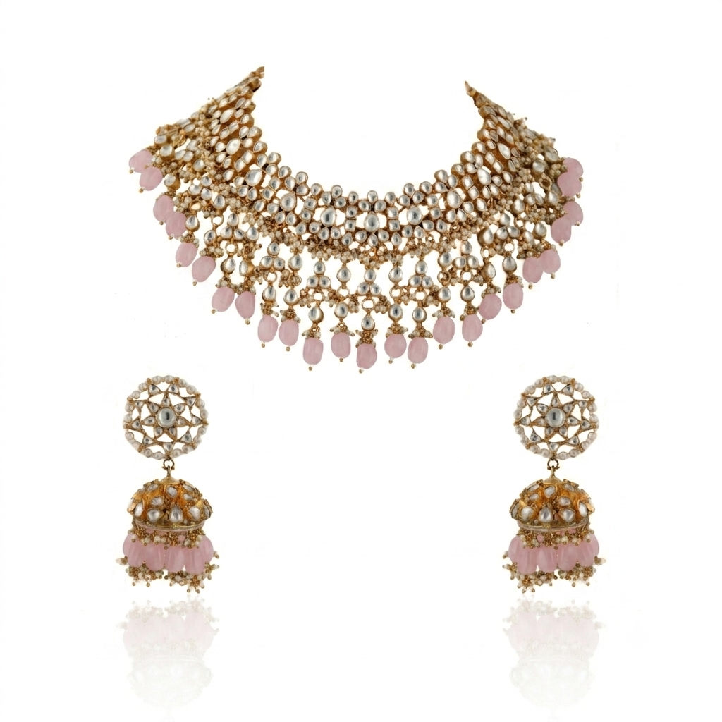 White And Green Jadtar Stone Choker With Jhumki Bridal Set