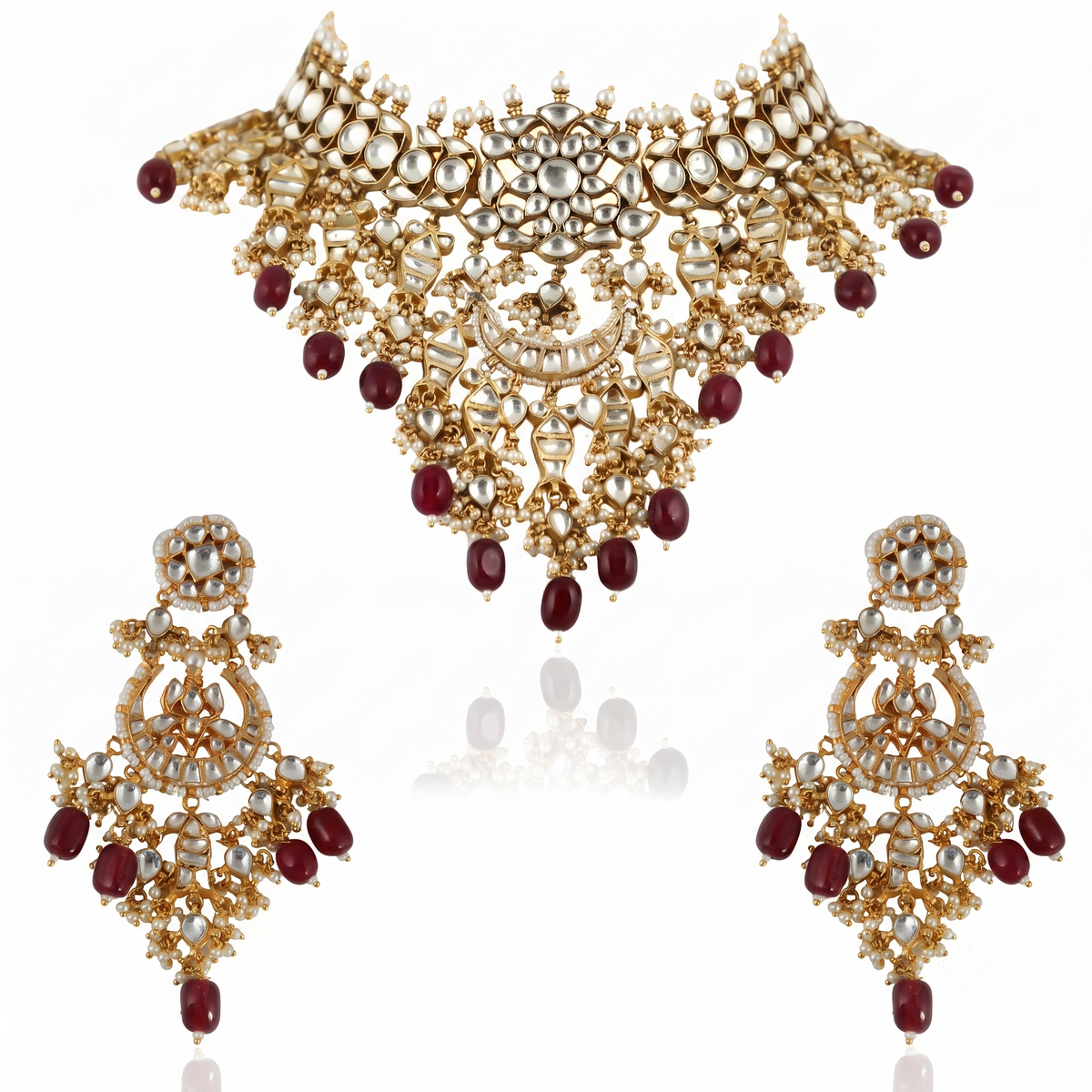 White Jadtar Stone Necklace With Green Beads
