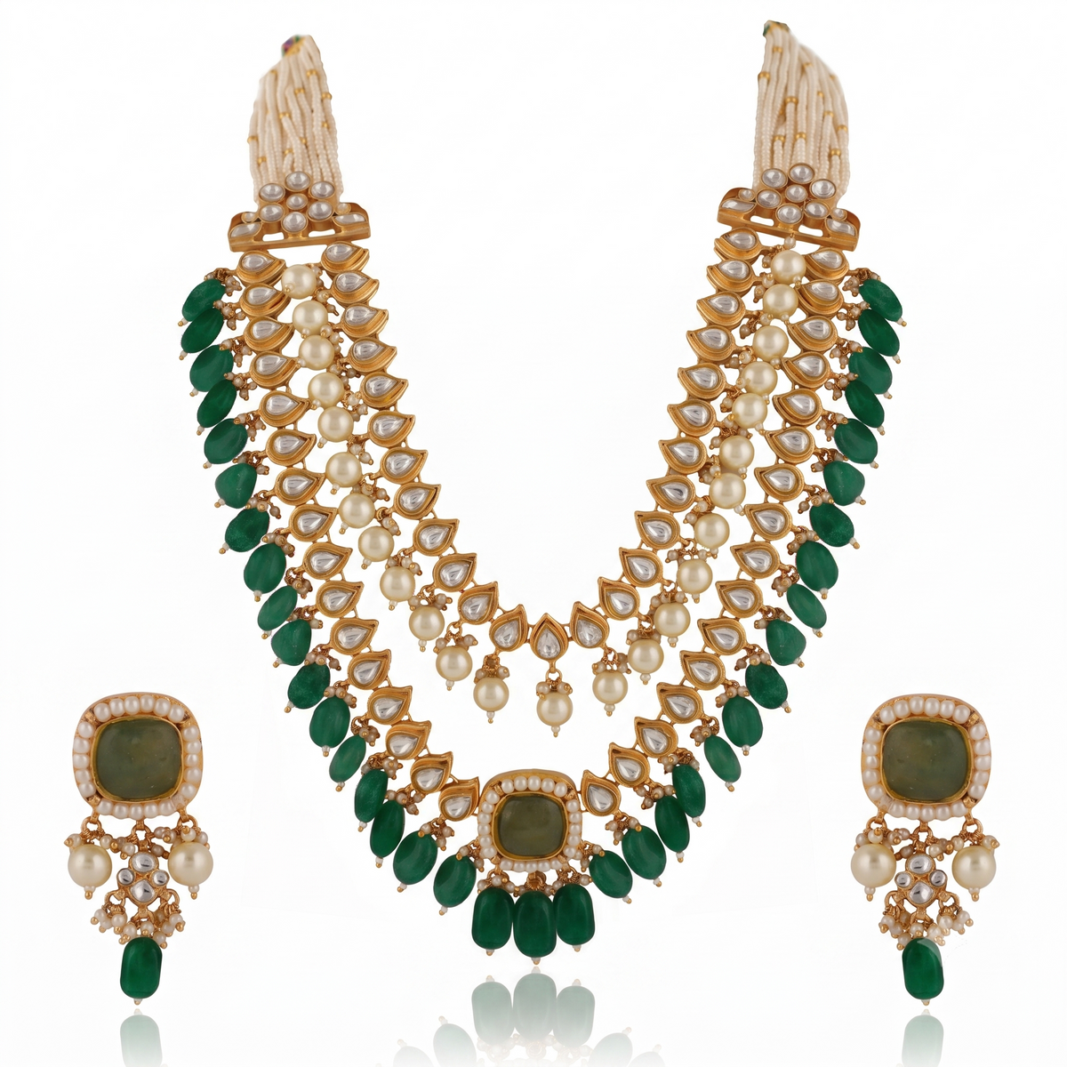 Indian Handcrafted Jadtar White & Mint Green Bridal Special Double Layered Necklace Set