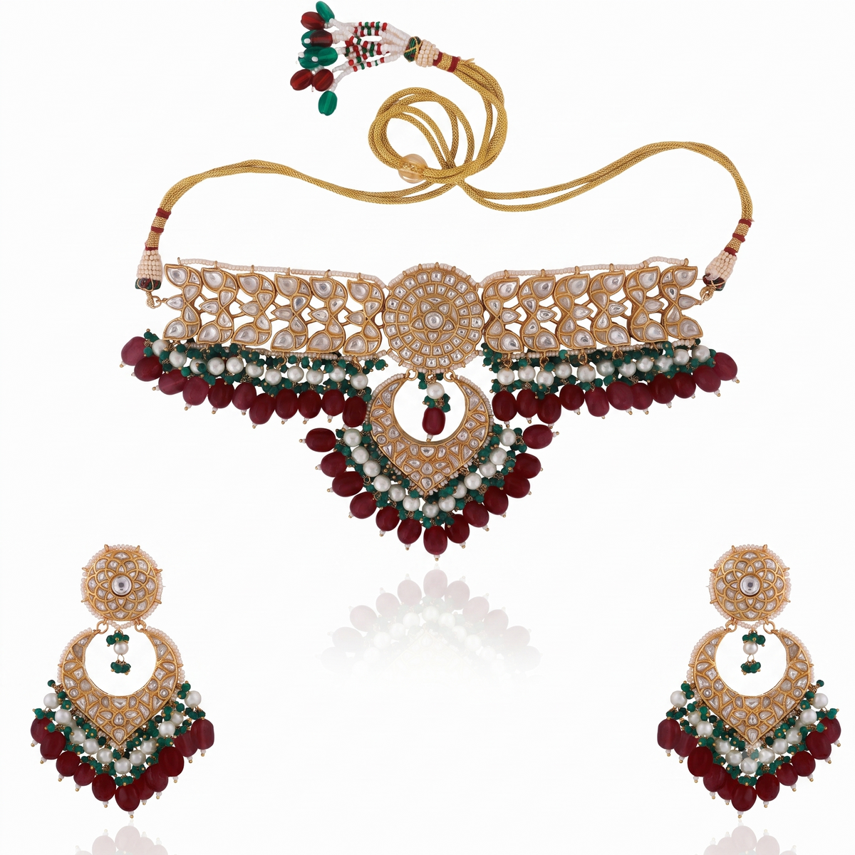 2026 Indian Wedding  Wear Sea Green Beads With White Jadtar Stone Necklace Set