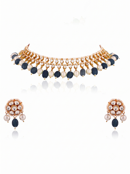 Indian Traditional Wear Sea Green Beads With White Pearl Choker Set