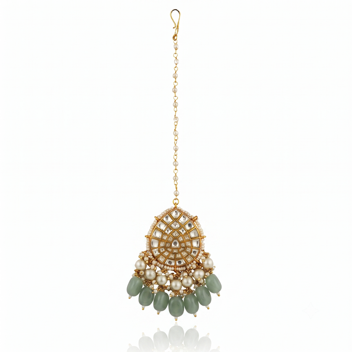 White Pearl With Green Beads  Maangtikka