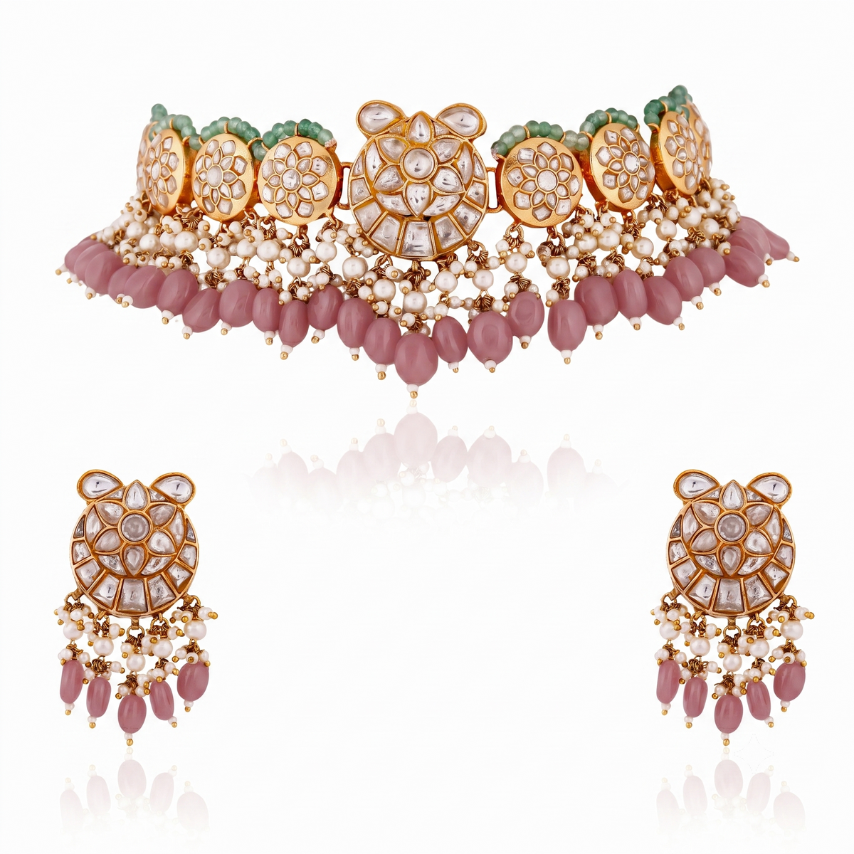 Fushion gold plated jadau necklace set with intricate design in pastel beads