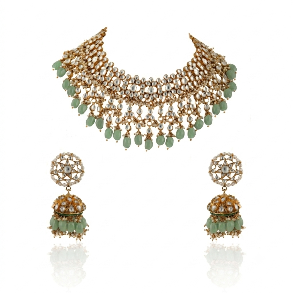 White And Green Jadtar Stone Choker With Jhumki Bridal Set