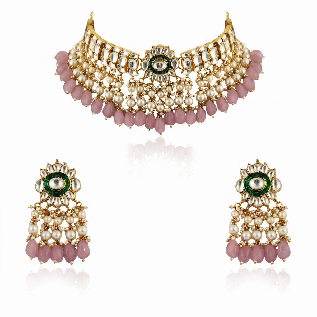 Gold plated choker set with white pearl